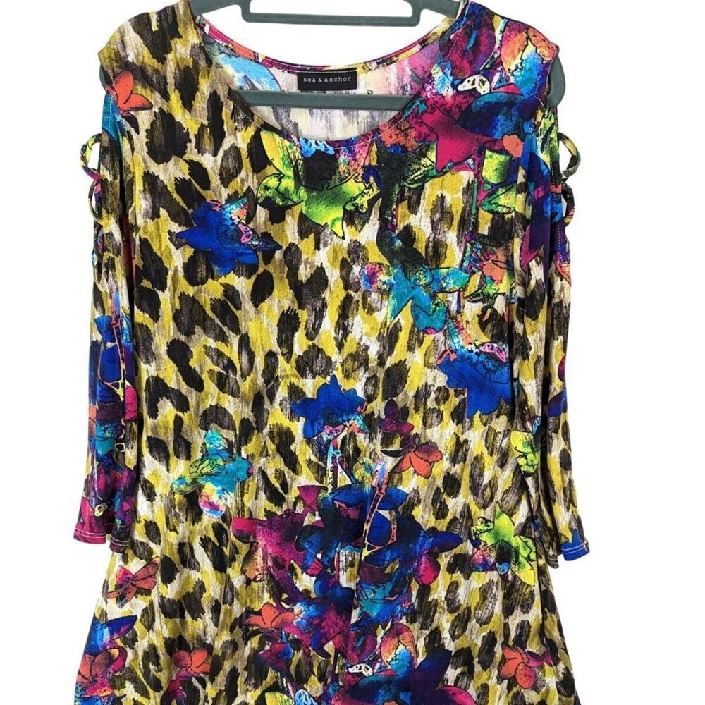 SEA & ANCHOR Tunic Dress Women Size L Side Pockets ¾ Peekaboo Sleeve Floral